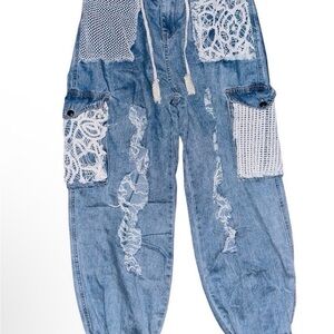 Blue Distressed Patchwork Women Jeans